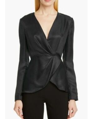 Brandon Maxwell luxe wrap front satin long sleeve blouse black size 10 EUC